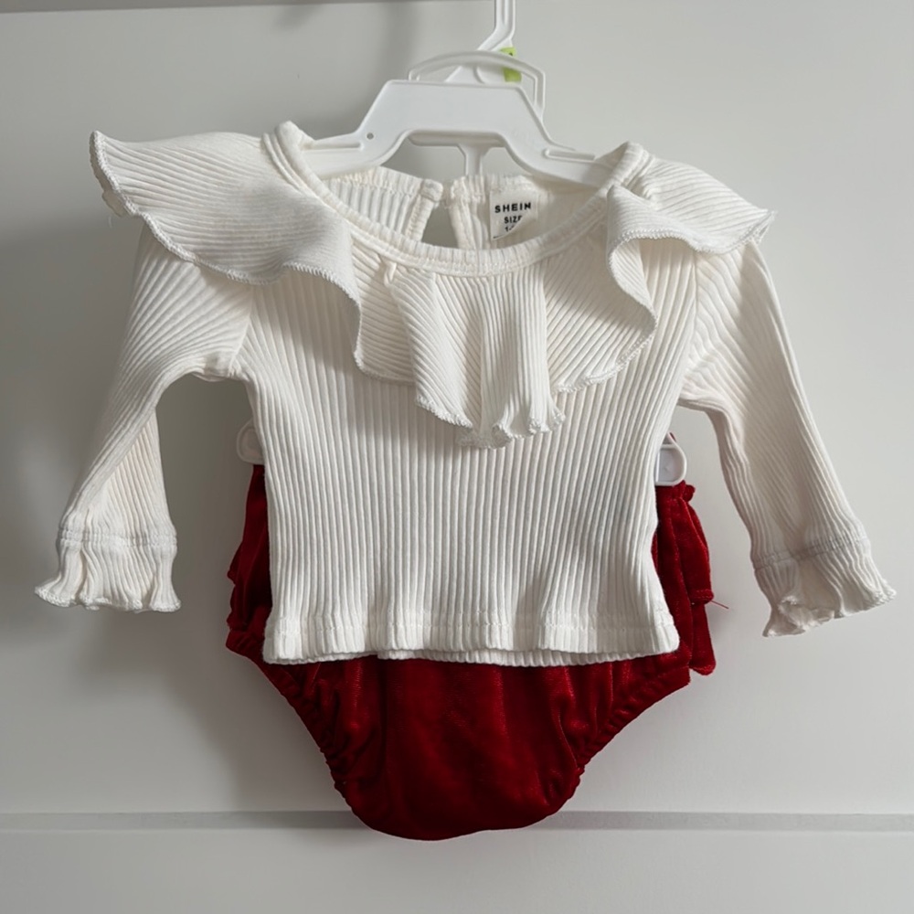 White Ruffle Blouse and Red Velvet Ruffle Bloomers